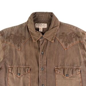 Ryan Michael Western Shirt Mens Medium Brown Silk Cotton Embroidered Snap Cowboy